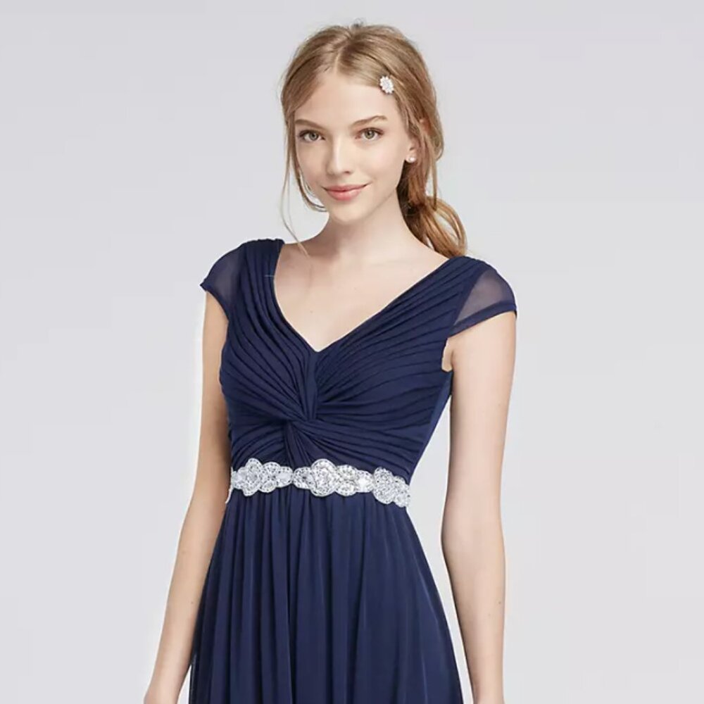 David's Bridal Navy Blue Embellished Silver Belted Chiffon Gown